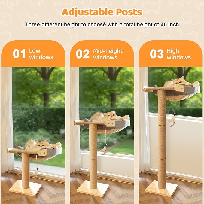 Cat Window Perch with Scratching Post, 46" Adjustable Tall Scratching Posts & Suction Cup – Gray Fluffy Cusion, Multi-Level Perch for Climbing, Bird Watching, Play, Supports 45 lbs (Drilling-Free)