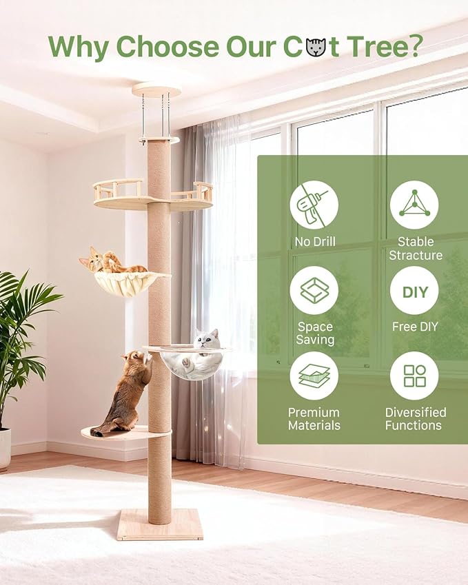 Floor-to-Ceiling Cat Tree Height Adjustable (55-115in) | 4-Level Heavy Duty Cat Activity Center with Scratching Posts, Jump Platforms, Hammock | Space-Saving Tall Cat Tower for Indoor Cats