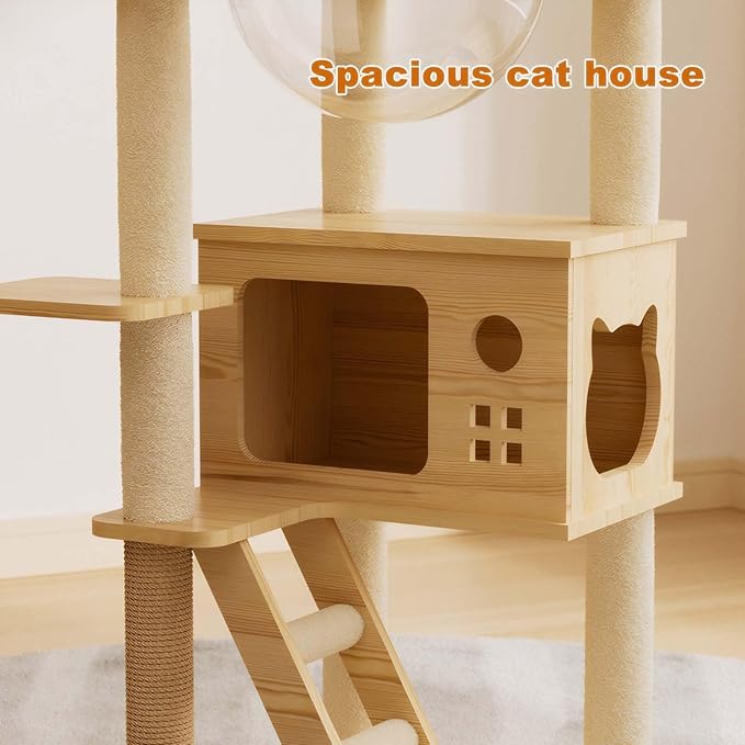 48.8” Wood Cat Tower with Sisal Scratching Post, Modern Cat Tree with Acrylic Bowl, Cat Condo, Climbing Ladder & Hanging Ball Toy, Multi-Level Cat Activity Center (48.8 inch)