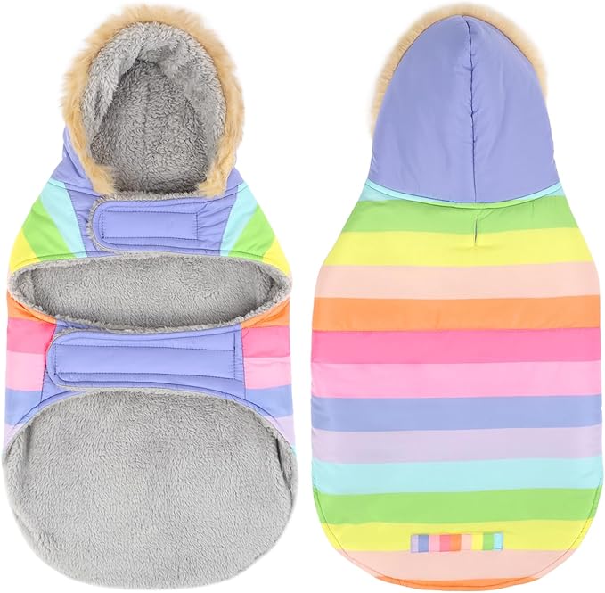 HDE Dog Puffer Jacket Fleece Lined Warm Dog Parka Winter Coat with Harness Hole Pastel Rainbow - XL