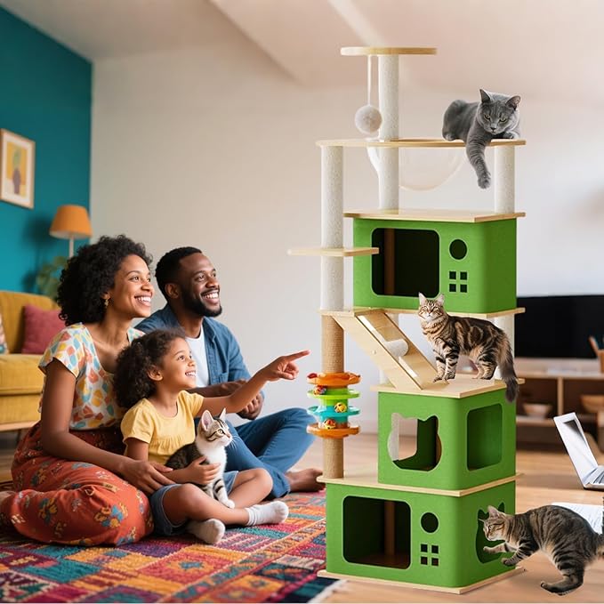 Large Cat Tree,153 Tall Wooden Cat Tower with 3 Spacious Caves,Transparent Space Capsule,8 Fully Scratching Posts and Natural Wood Posts, Kitty Condo with Multi-Layer Platform