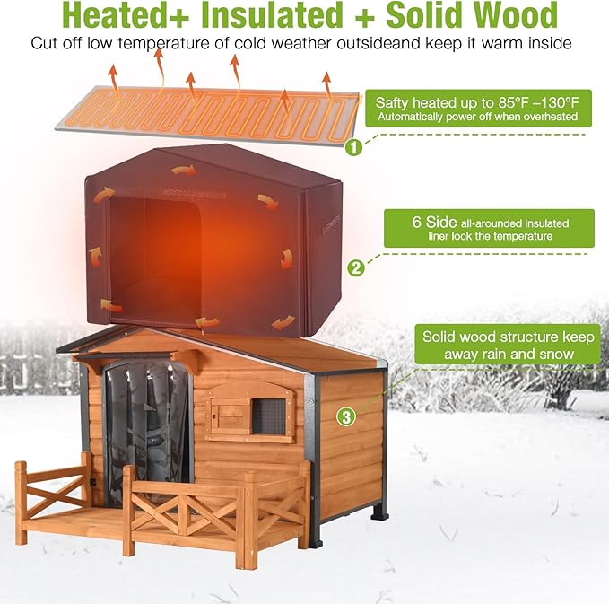 GUTINNEEN Heated Dog House Outdoor Dog Kennel with Safe Heated Pad, Chew-Proof Metal Frame and Insulated Liner for Small to Medium Dogs, 44.6" L x 41.1" W x 32.9“H (Brown)