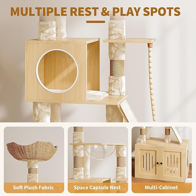 Tall Cat Tree with Litter Box Enclosure, 66.9” Multi-Level Cat Condo Tower, Sturdy Cat House with Perches, Hammock & Scratching Posts for Indoor Cats, Large Modern Cat Furniture