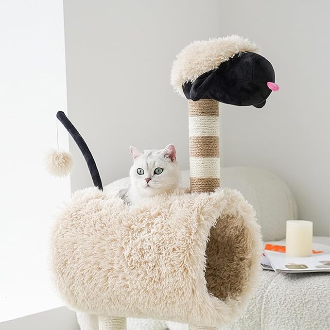 ZEZE Tunnel Cat Tree Condo for Indoor Cats, Animal-Themed Cat Tower with Cozy Tunnel Hideout, 3 Sisal Scratching Posts, Hanging Ball Toy, Thick Base (Sheep)