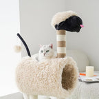 ZEZE Tunnel Cat Tree Condo for Indoor Cats, Animal-Themed Cat Tower with Cozy Tunnel Hideout, 3 Sisal Scratching Posts, Hanging Ball Toy, Thick Base (Sheep)