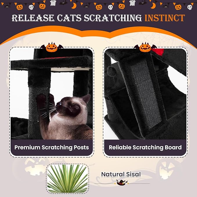 Tangkula Gothic Cat Tree, 67 Inch Tall Cat Tower with Sisal Scratching Posts and Ladder, 2 Cat Condos, Hammock, Basket Bed, Spooky Dangling Balls, Halloween Black Goth Cat Tree for Indoor Cats
