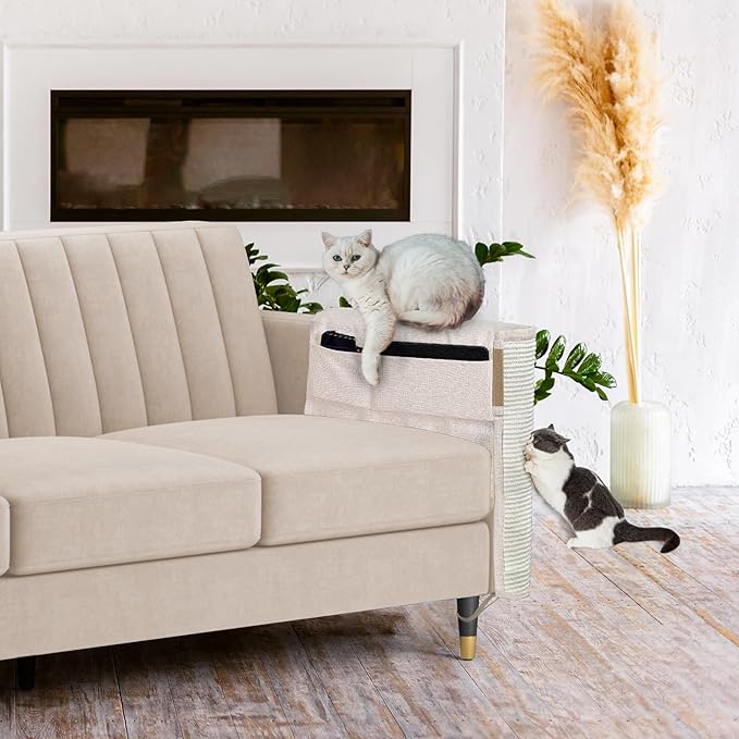 Cat Scratch Sofa Protector,27.6" L*19.6" W Cat Scratch Furniture Protector Pad Couch Arm Sheild with Natural Sisal for Protecting Couch Sofa Chair Furniture（Beige/Left Handed