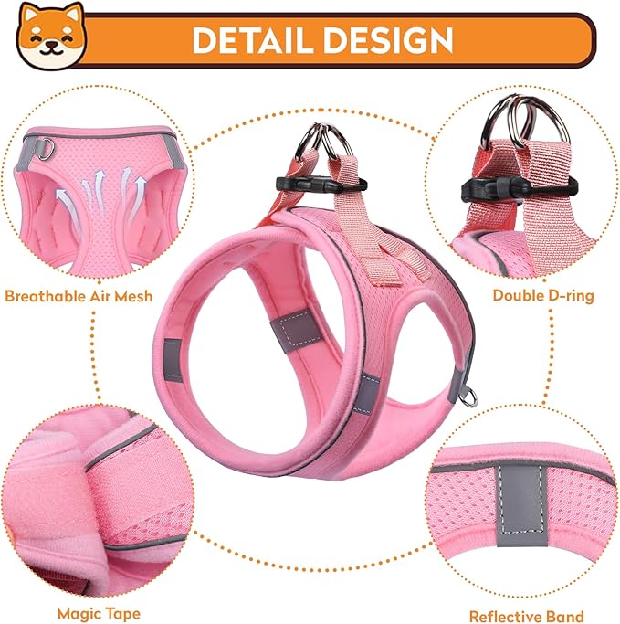 Dog Harness with Leash Set, No-Pull Step-in Reflective Pet Harness with 1 Leash Clips, Adjustable Soft Padded Easy Walk Dog Vest for Small Medium Large Dogs, Cats(Light Pink, XLarge)