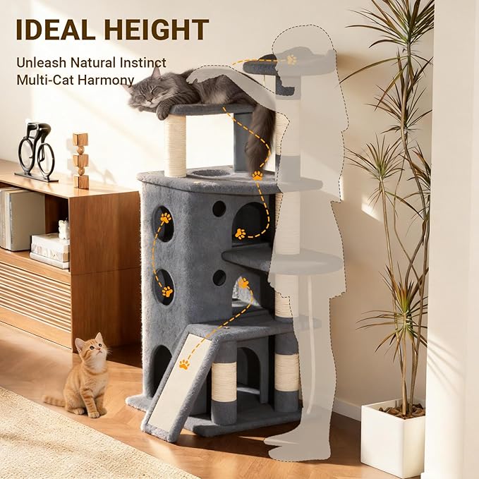 【Tank-Sturdy Tower】 PetDance Heavy Duty Cat Tree for Cats Fits Kittens to XL Maine Coons, Cat Tower with Scratching Posts, Cat Climber with 3 Spacious Hideaway, Light Gray