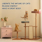 Modern Cat Tree for Living Room - Oak Veneer Cat Tower with Acrylic Pod, Solid Rubberwood, Scratch-Resistant Chenille & Sisal, Modern Cat Furniture for Indoor Cats