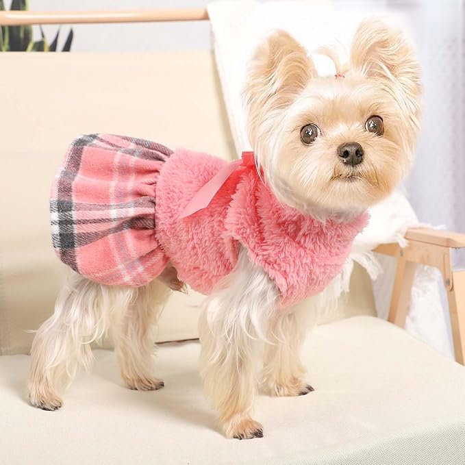 Dog Sweater Dog Winter Clothes for Small Dogs Boy Girl Fall Puppy Dress Warm Fleece Chihuahua Yorkie Teacup Doggy Sweaters Dresses Doggie Sweater for Small Dogs Girl Cat Sweaters, Plaid Pink, XS