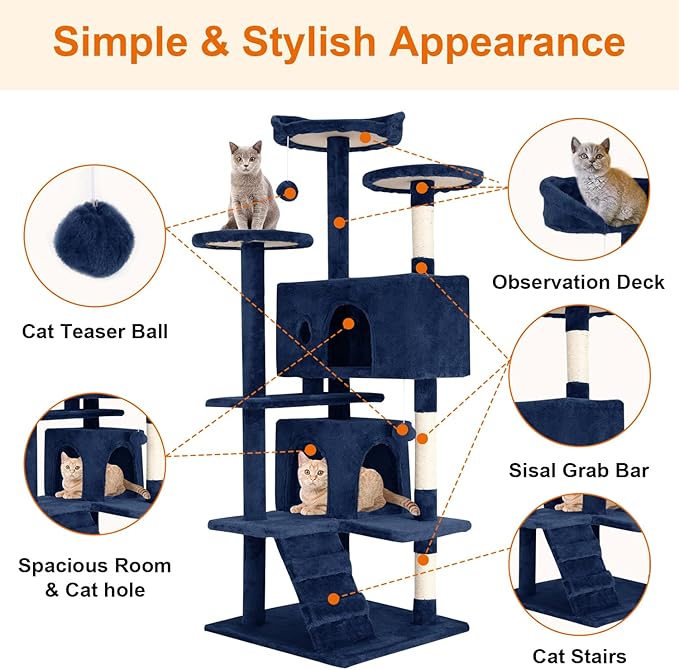 Cat Tree 69.3 inches Cat Tower for Indoor Cats Cat House with Replaceable and Removable Dangling Ball Cat Trees and Towers with Funny Toys, Navy Blue