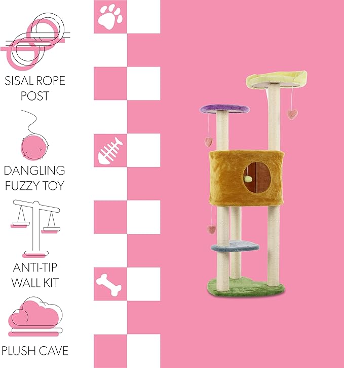 CTR1002A Aisling 51" 4-Tier Modern Sisal Heart Cat Tree with Scratching Posts, Napping Perch, and Dangling Toys, Multi