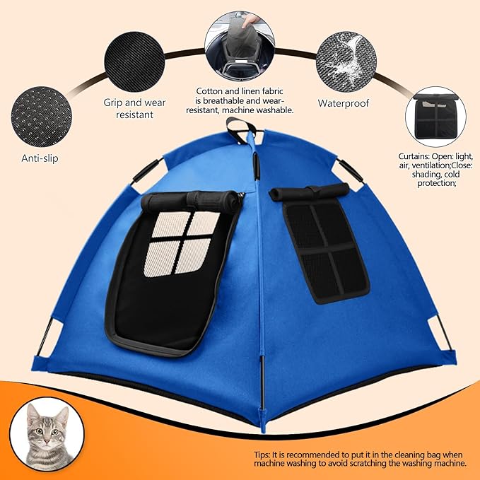 Portable Pet Tent with Full-Enclosure Zippered Mesh Door, Indoor & Outdoor Cat House for Safety & Ventilation, Cozy Nest for Cats, Puppies & Small Animals (Blue)