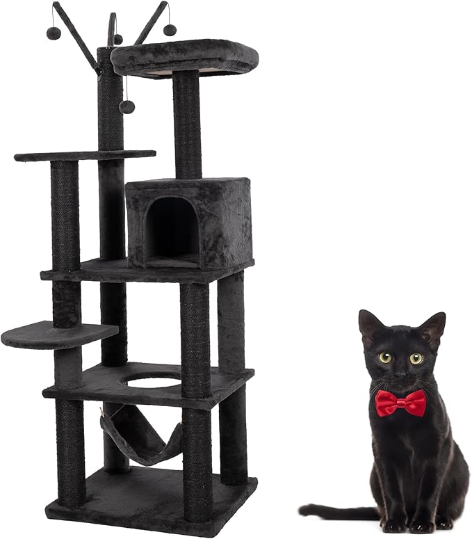 KAMABOKO Gothic Cat Tree, 73.6in Black Cat Tower with Coffin Bed, Big Tall Cat Condo with Sisal Scratching Posts, Scratching Ramp and Comfort Basket for Indoor Cats