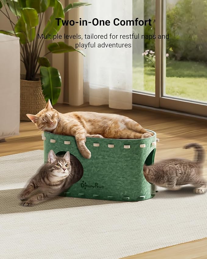 DownyPaws Cat House for Indoor Cats, Cat Bed Cave for Multiple & Large Cats Up to 22 Lbs, Scratch Resistant Peekaboo Cat Caves, Foldable Tunnel Enclosed Bed, PeekaPurr, Forest
