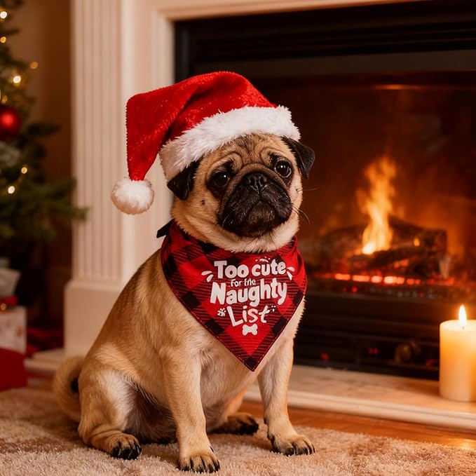 Christmas Dog Bandanas Naughty & Nice Idea Funny Holiday Stocking Pet Scarf Gifts - Too Cute for the Naughty List, Red Plaid, Medium & Large Breed, 25-75lbs