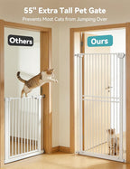 No Pawblems 55" Extra Tall Pet Gate for Cat/Dog, 31.5-48" Wide Auto Close Tall Cat Gate with 25.6" Wide Walk-Thru Door Opening, 1.37" Ultra Narrow Spacing, NO Drilling Pressure Mounted, White