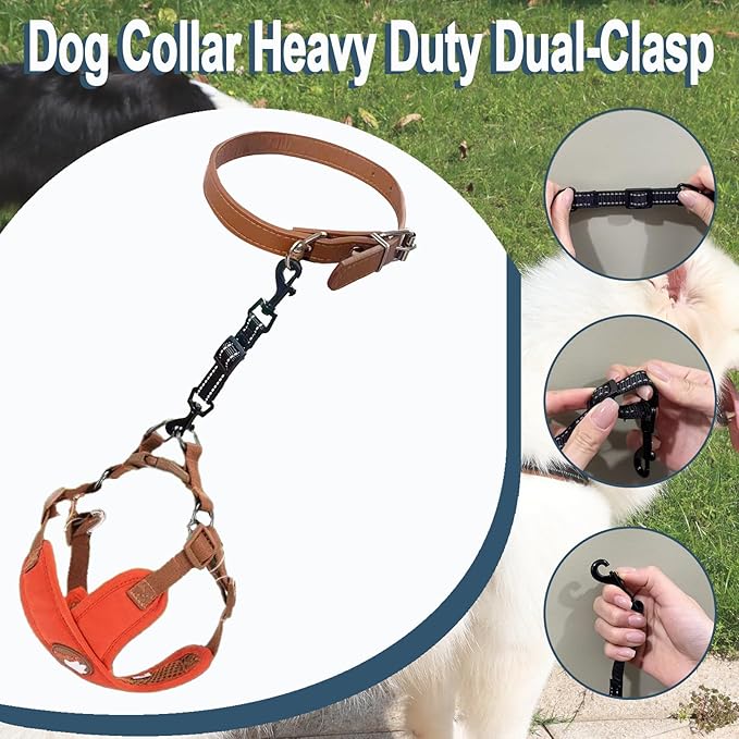 2 Pcs Dog Collar Safety Clips with Double Ended Clasps | Adjustable Collar Backup Clip for Dog Harness & Collars Connectors, Training for Walking, Running, and Hiking, Safety Clip - Black