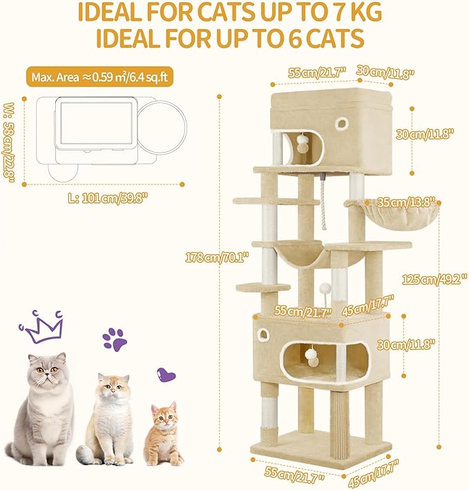 70.1 Inch Cat Tree for Indoor Cats, Multi-Layer Scratching Post with Large Platform, 2 Caves, 7 Sisal Posts, Pompoms, Cat Basket, Hammock, Suitable for Cats, Beige MS17818YL