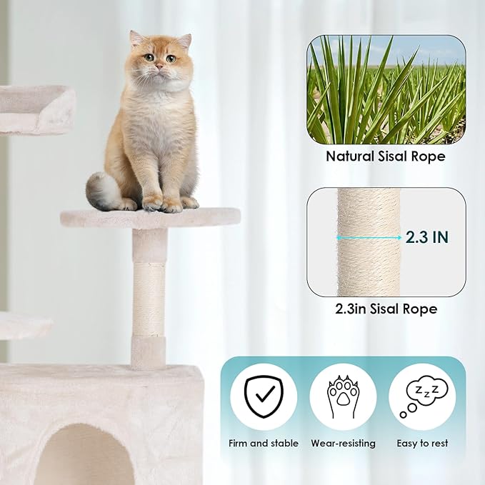 Cat Tree 53 inches Cat Tower for Indoor Cats Cat House with Replaceable and Removable Dangling Ball Cat Trees and Towers with Funny Toys, Beige