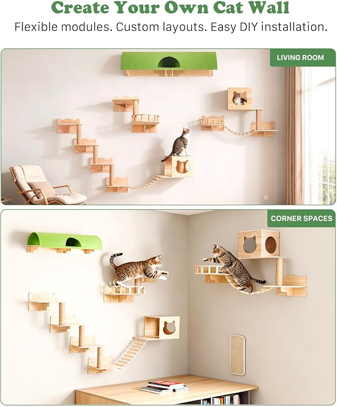 Cat Wall Shelves, 18 in 1 Cat Wall Furniture with Green Tunnel, Condos, Bridge, Climbing Post & Scratching Pad Modular Wall Mounted Cat Playground for Large Spaces & Multi-Cat Homes