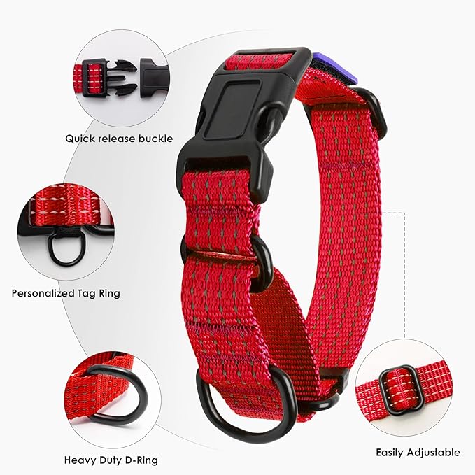 Martingale Dog Collar, Reflective No Pull Training Collar with Quick Release Buckle & USA Flag, Heavy-Duty Nylon, Adjustable for Small Medium Large Dogs (M,Red with Flag
