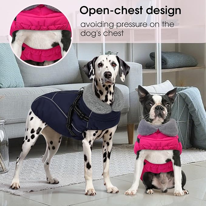 Dog Coats for Large Dogs, Dog Puffer Jacket with Harness Built in, Pet Warm Winter Vest, Rose L