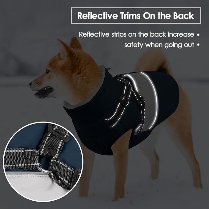 SUNFURA Dog Winter Coat, Waterproof Dog Coat Jacket with Harness for Medium Dogs Boys Girls, Reflective Fleece Lined Pet Snow Jacket Sweaters for Pug, Jack Russel, Boston Terrier, Navy Blue M
