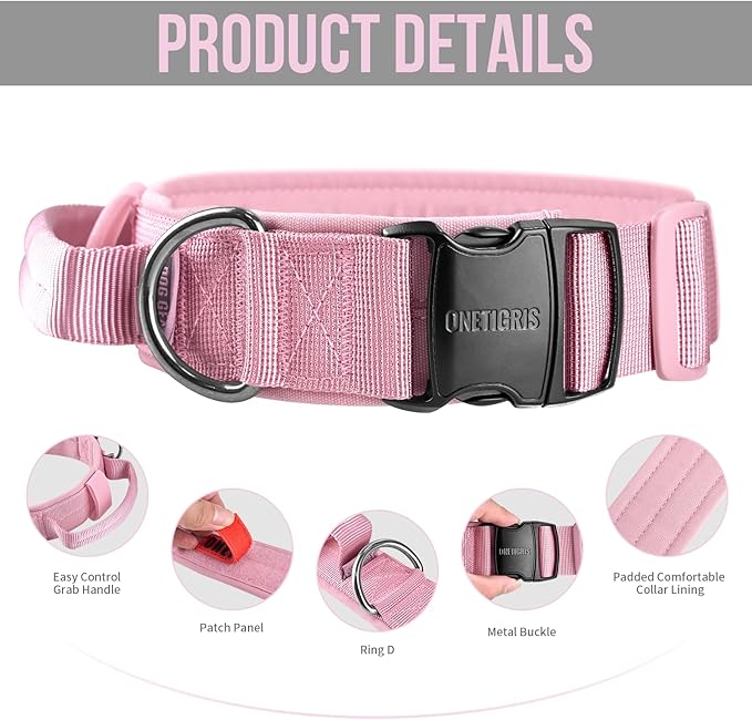 OneTigris Tough Dog Collars, Tactical Dog Collar with Handle, Milltary Adjustable Dog Collar with Heavy Duty Metal Buckle for Training (Pink, S)