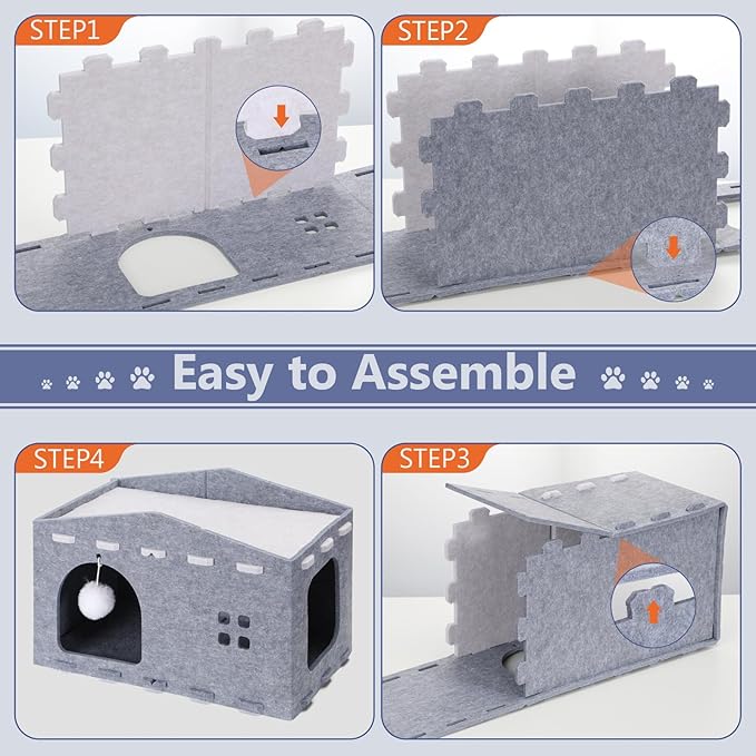 Cat House for Indoor Cats, Cat Beds Peekaboo Pet Cave with Fluffy Ball and Catnip Toy for Multiple Large Cats Up to 33 Lbs Foldable Cat Hideaway Scratch Resistant for Kitten Kitty (Grey