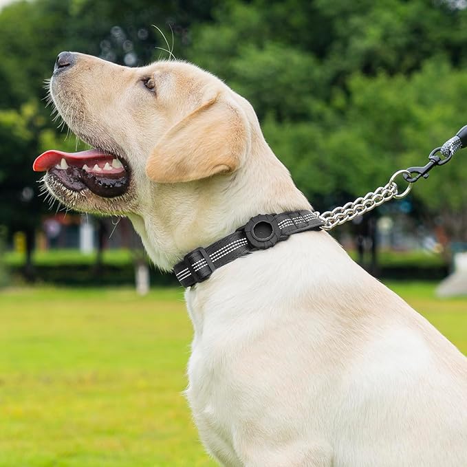 Cymiler Martingale Dog Collar with AirTag Holder, Reflective Nylon Training Collar, Stainless Steel Chain, Heavy Duty Buckle, Limited Slip Collars for Small Medium Large Dogs (Black, Large)