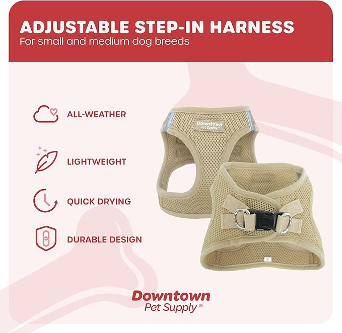 Downtown Pet Supply Step-in Dog Harness – No Pull, Adjustable Padded Mesh with Reflective Trim, Secure Buckle Strap – Comfortable & Breathable Small Dog Harness, Medium, Khaki