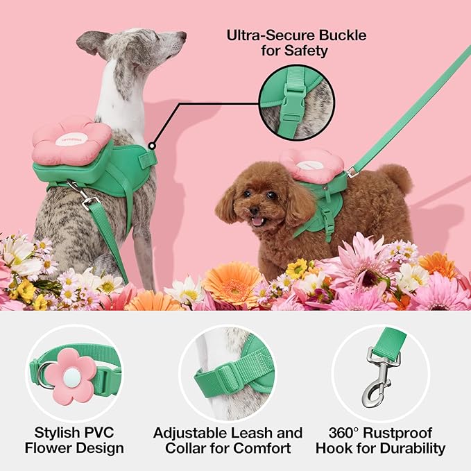 VETRESKA Flora Dog Harness, Leash and Collar Set, No Pull Dog Vest Harness for Walking and Training, Adjustable, Easy Control and Soft Padded Pet Harness and Backpack for Small Medium Large Dogs, S