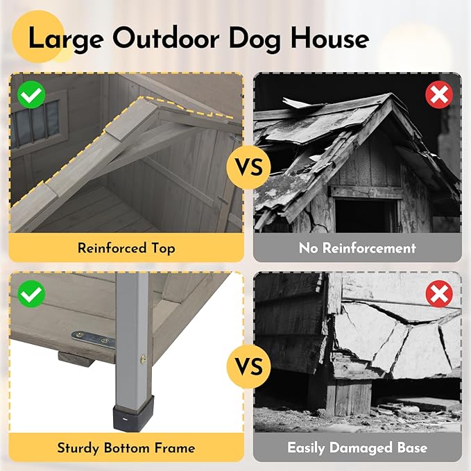 59''L Extra Large Dog House with 2 Doors, Wooden XL Dog House Outdoor Weatherproof with Chew-Proof Iron Frame, Openable Roof, 2 Windows, Indoor Doghouse Pet Shelter Fits Small to Middle Dogs