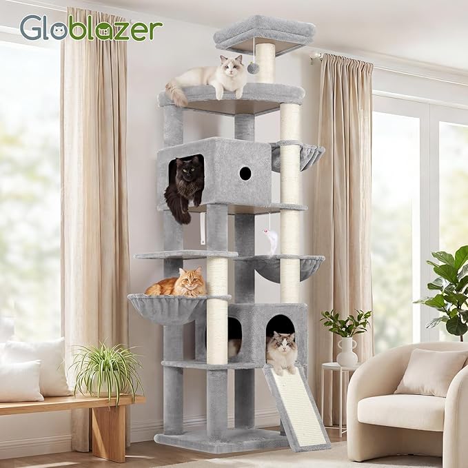 Globlazer Heavy Duty Cat Tree, 83 Inch Giant Cat Tower with 7 Scratching Posts, Multi-Level Large Cat Condo for Indoor Cats Large Adult, 2 Perchs, 3 Sturdy Hanging Baskets, Cat Toys, F83C, Light Grey