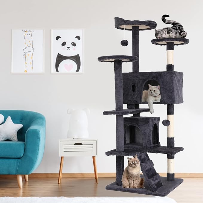 Cat Tree for Indoor Cats Cat Condo Cat Tower with Scratching Post Cat Tease Ball Perches Platform for Small and Medium Cats 54 Inch Multi-Level, Light Gray
