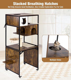 Cat Tower with Litter Box Enclosure, Wooden Cat Tree Tower with Scratching Post, Sturdy Metal Frame Cat Furniture with Adjustable Bed & Anti-Tipping Design, Mobile Cat Condo for Indoor Cats