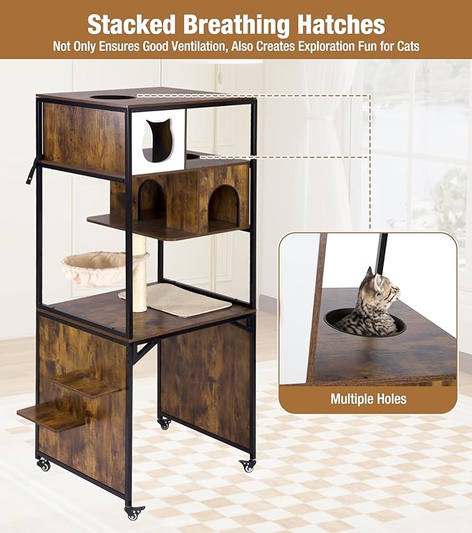 Cat Tower with Litter Box Enclosure, Wooden Cat Tree Tower with Scratching Post, Sturdy Metal Frame Cat Furniture with Adjustable Bed & Anti-Tipping Design, Mobile Cat Condo for Indoor Cats