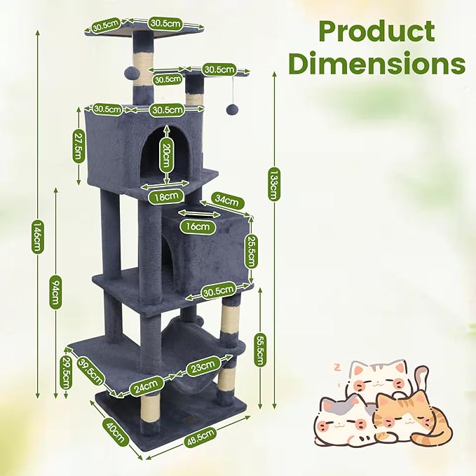 PETSITE 57-inch Modern Cat Tree, Multi-Level Cat Tower with 2 Comfy Condos, Sisal Scratching Posts, Plush Top Perch, Snug Hammock, and Dangling Balls, Ideal for Indoor Cats and Kittens (Dark Grey)
