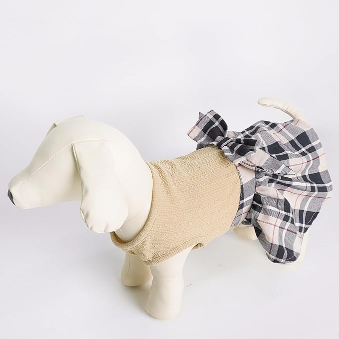 PUPTECK Classic Plaid Dog Dress Pet Apparel with Cute Bowtie Puppy Clothes Outfit,Cream,M