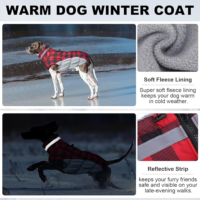 BEAUTYZOO Dog Winter Coat with Harness Built in, Reflective Plaid Puffer Vest Waterproof for Large Dogs, Fleece Warm Puppy Zipped Jacket with D Ring, Pet Cold Weather Sweater Clothes, Red L