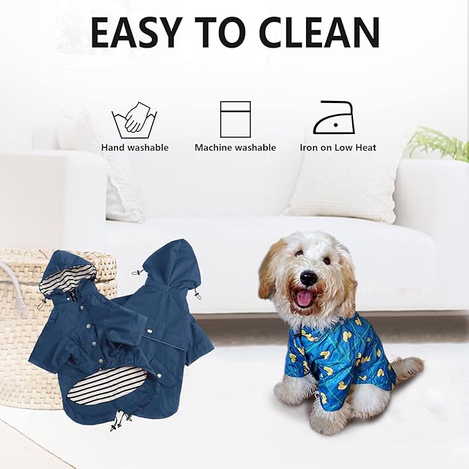 Morezi Dog Zip Up Raincoat with Reflective Buttons, Rain/Water Resistant, Adjustable Drawstring, Removable Hood, Raincoats with Legs 8lbs to 80lbs Available - Dark Blue - XL