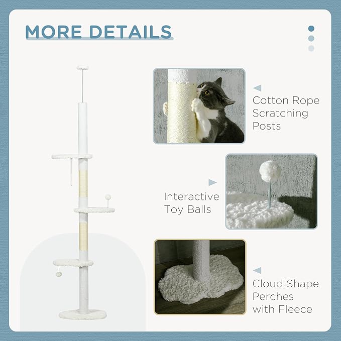 Floor to Ceiling Cat Tree, Adjustable 88.5”–100.5” Tall Cat Tower for Indoor Cats, Space-Saving Vertical Cat Furniture with Scratching Posts & Perches, Stable Tension Rod Design, White