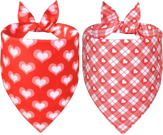 Valentine’s Day Dog Bandanas 2-Pack for Large to X-Large Dogs - Reversible Hearts, Lips & XO Scarf, Pink & Red Pet Accessories for Valentine Gift