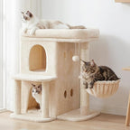 Heybly Cat Tree, 25.6-inch Cat Tower with Spacious Top Perch for Large Cats, Stair-Style Cat House Furniture with Dual-Layer Condos, Sisal Scratching Posts, Cozy Basket & Pompom, Beige HCT204SM