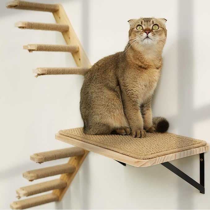 Wall Cat Tree for Climbing, 1PC Four-Step Cats Climber Shelf with Jute Scratcher Rope, Space-Saving Cat Shelf for Scratching & Resting