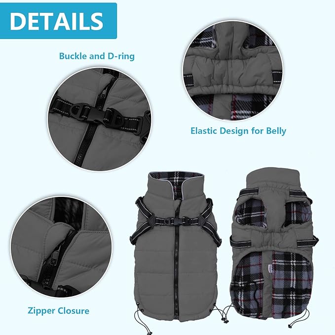 Winter Warm Coat Geyecete Waterproof Dog Winter Jacket with Harness Traction Belt,Pet Outdoor Jacket Autumn and Clothes for Medium, Small Dog-Gray-XS