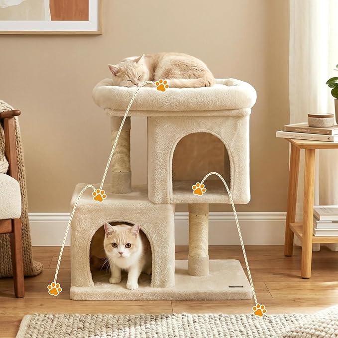 PETSITE 25.5-inch Small Cat Tree, Modern Multi-Level Cat Tower with 2 Comfy Condos, Sisal Scratching Posts, Large Plush Top Perch, and Anti-Tipping Kits, Ideal for Indoor Cats and Kittens (Beige)