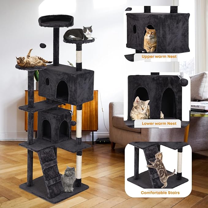 70in Cat Tree for Indoor Cats, Cat Tower with Cat Scratching Post, Multi-Level Cat Furniture, Cat Tower with Funny Toys for Kittens-Dark Gray